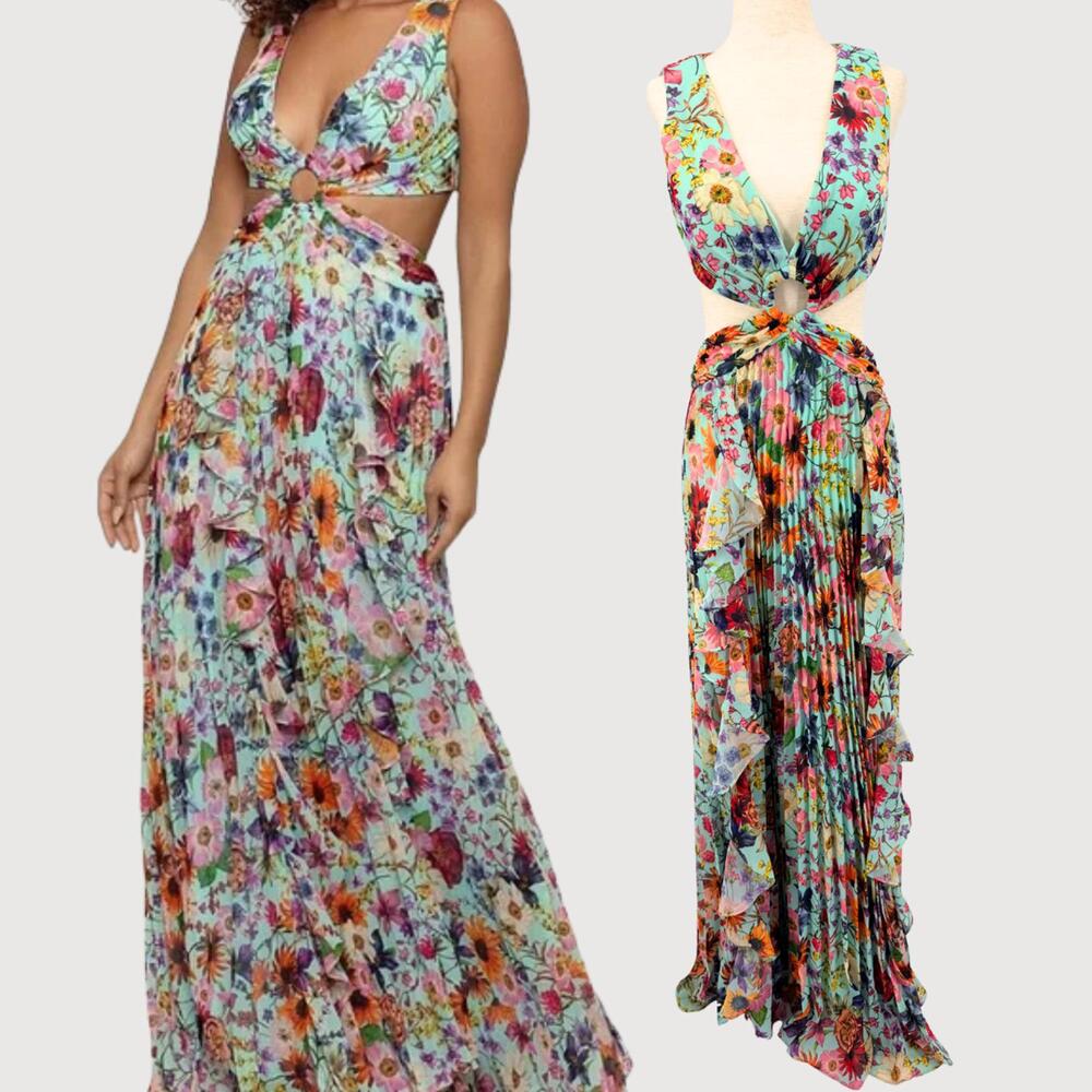 Aqua Floral Cutout Maxi Dress Pleated Blue Size 0